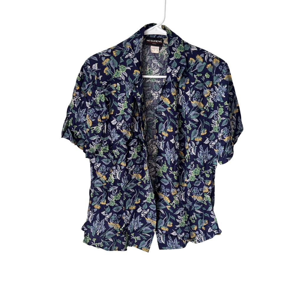 Notations Petite Vintage Floral Button Down Shirt Navy Blue Short Sleeve Blouse